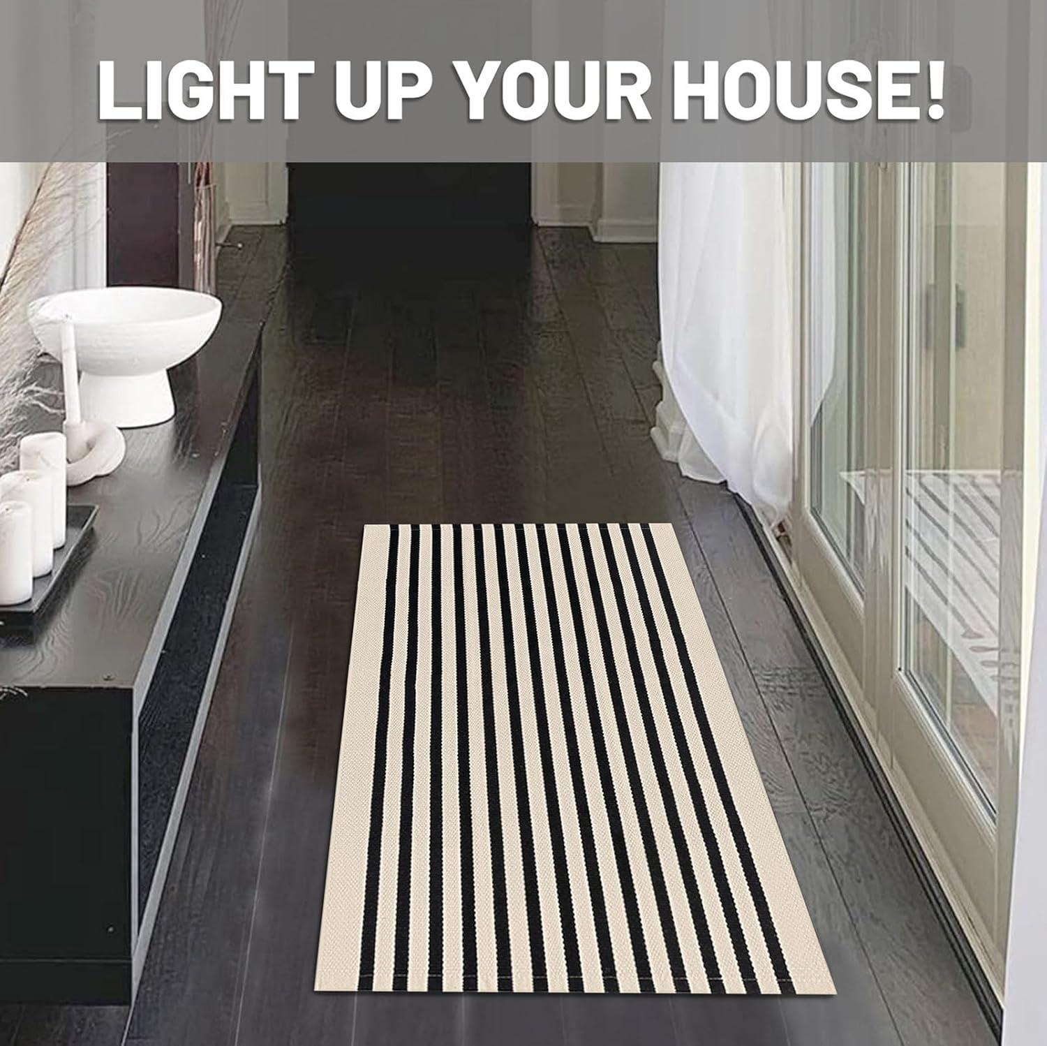 IOHOUZE Navy and White Striped Rug 2'x3' Front Door Rugs, Small Washable Area Rug for Front Porch, Spring Summer Doormats Outdoor Indoor, Cotton Rugs for Entryway Porch Entrance
