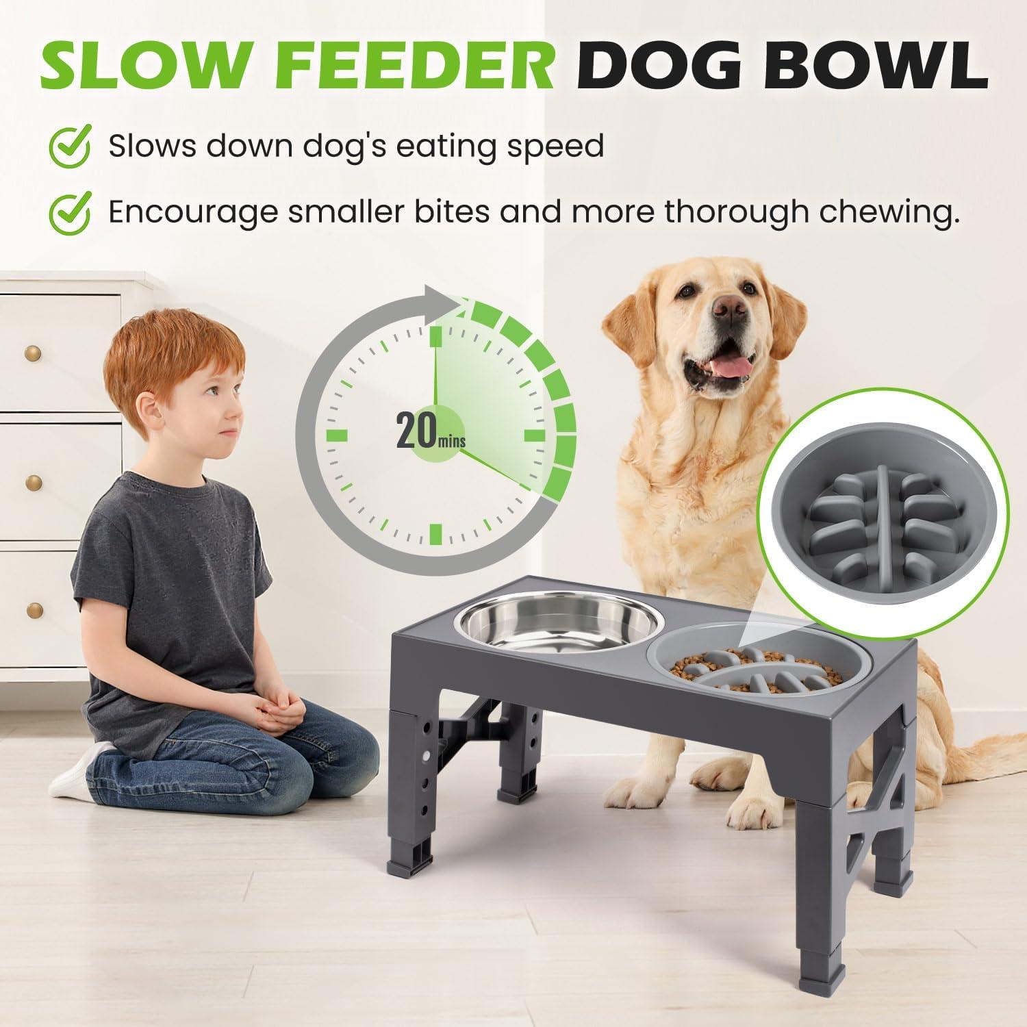 ZALALOVA Elevated Dog Bowls Stand with 2 Stainless Steel Dishes 1 Slow Feeder Dog Bowl, Raised Dog Bowl Adjusts to 5 Heights (3.15",8.9'',10",11.2'',12.4") for Medium and Large Dogs(Gray)