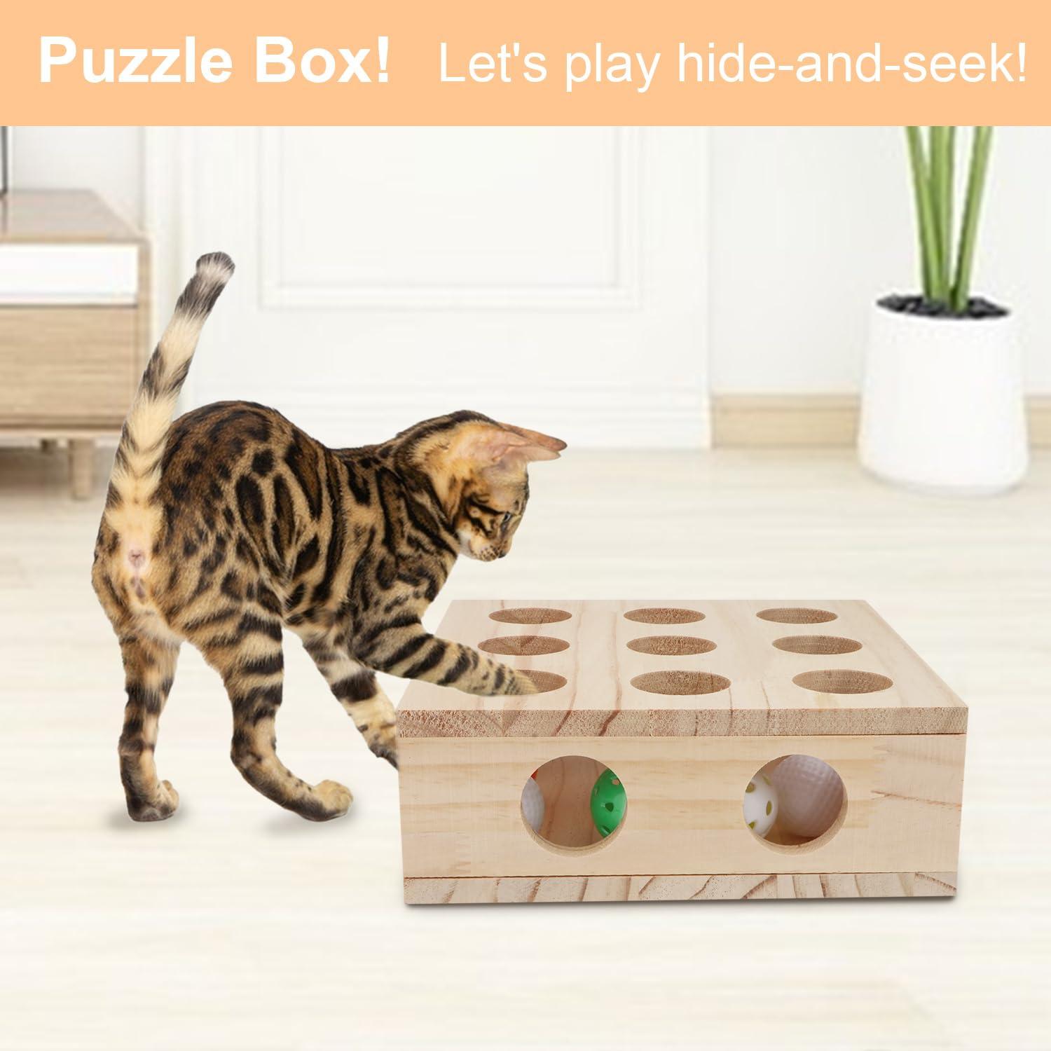 Hypeety Interactive Cat Toy Puzzle Box Wooden Treat Maze Scratcher Peek Play Toy Box Fun Interactive Cat Toy Fun Hide and Seek Agility Toys