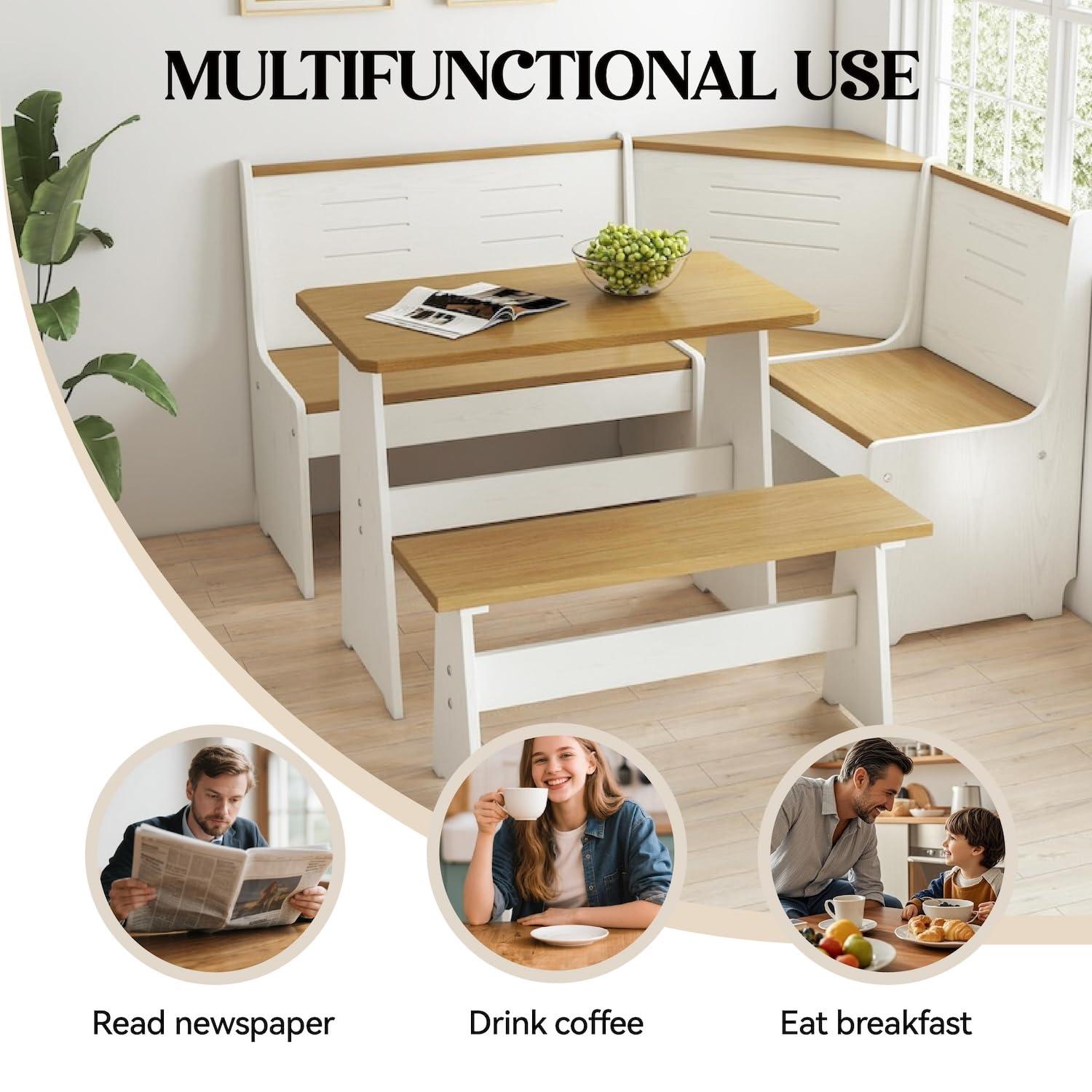 Breakfast Nook Corner Dining Table Kitchen Bench Chair Set, Space-Saving 3-5 People Seat Reversible L-Shape for Family Home White Wood