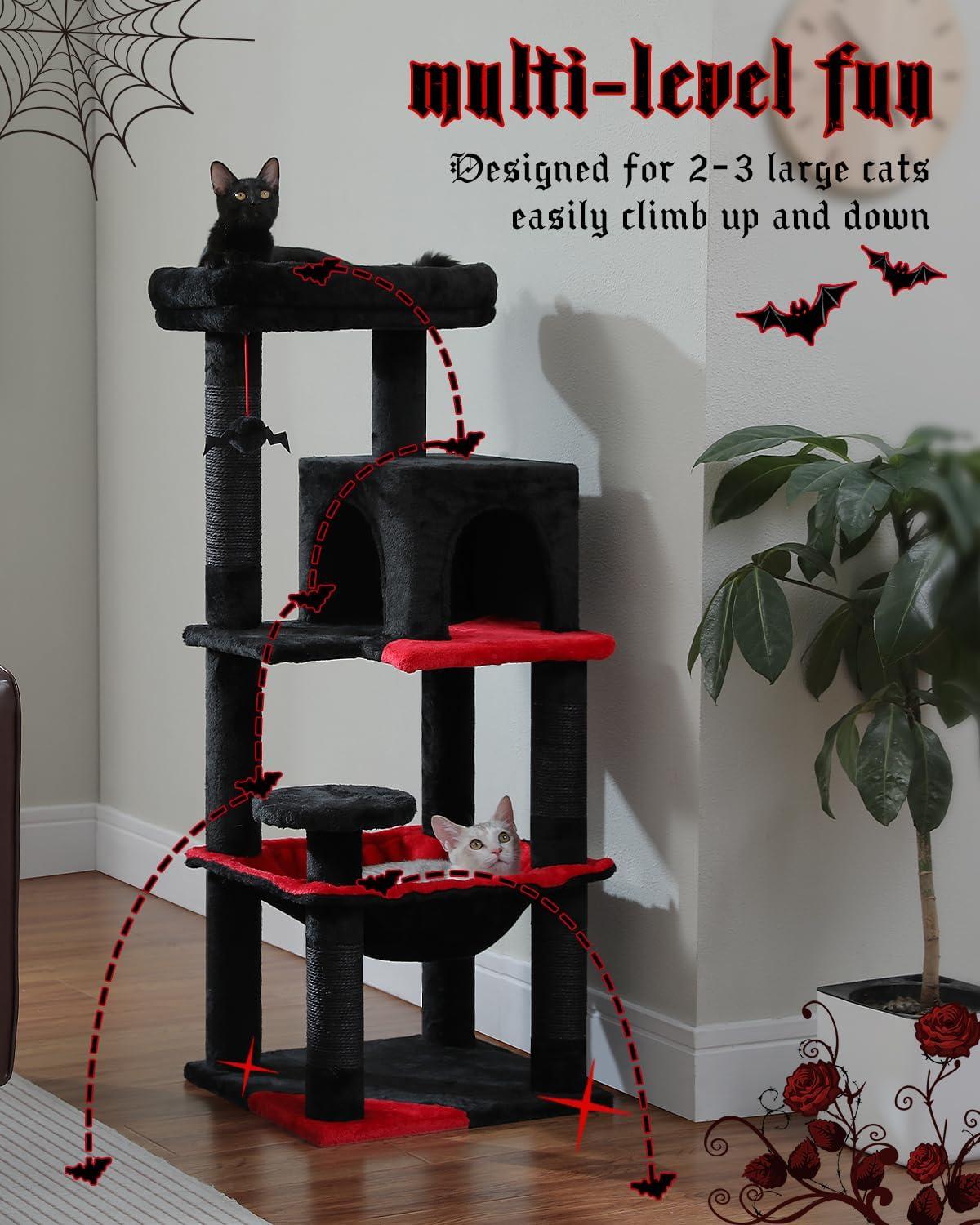 Gothic Cat Tree With Super Large Hammock, 45.7"  Cat Tower With Coffin Bed, Cat Condo, Sisal Scratching Posts & Top Perch, Multi-Level Goth Cat Tree, Halloween