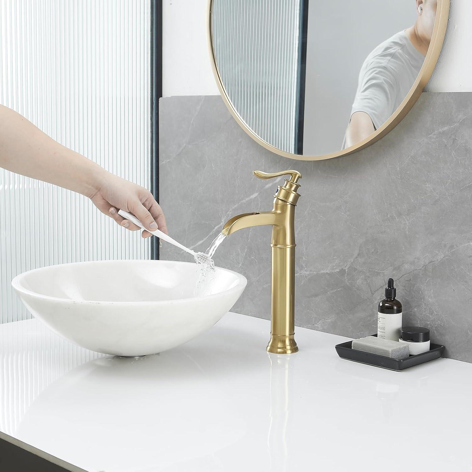 GGStudy Waterfall Single-Handle One Hole Bathroom Vessel Sink Faucet Matching Pop Up Drain Brushed Gold Farmhouse Bathroom Vanity Faucet