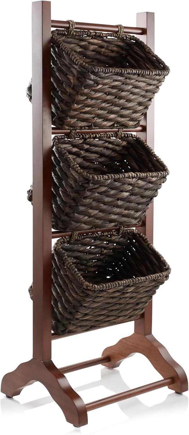 Casafield 3-Tier Floor Stand with Hanging Storage Baskets - Wood Tower Rack for Bathroom, Kitchen, Laundry, Living Room