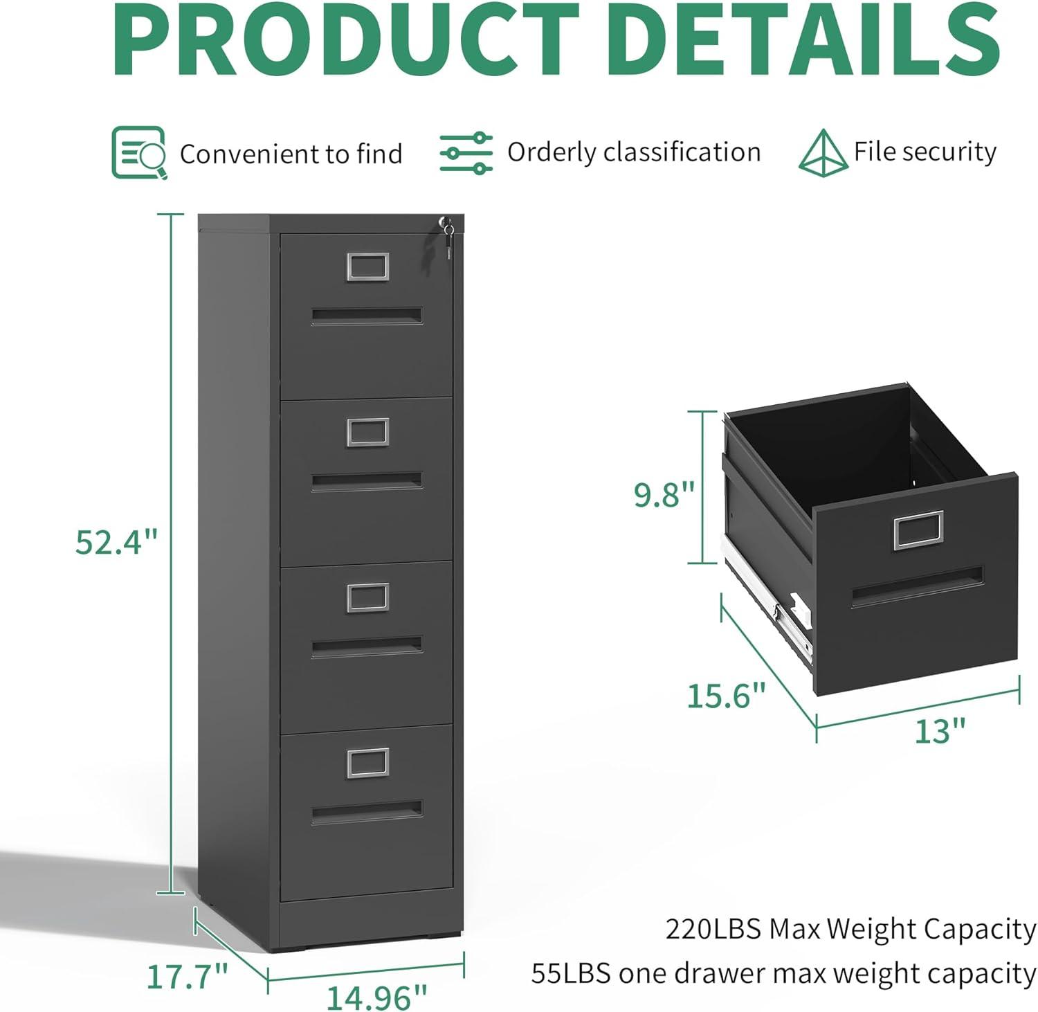 Black Vertical 4 Drawer Lockable Metal File Cabinet