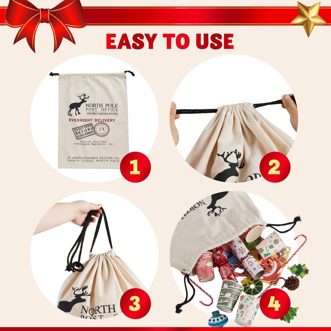 JOYIN 3 PCS Christmas Large Canvas Gift Bag 26" x 19", Drawstring Santa Burlap Sack Reusable Personalized Cloth Pouch for Xmas Presents Package, Party Supplies, Hoilday Decoration