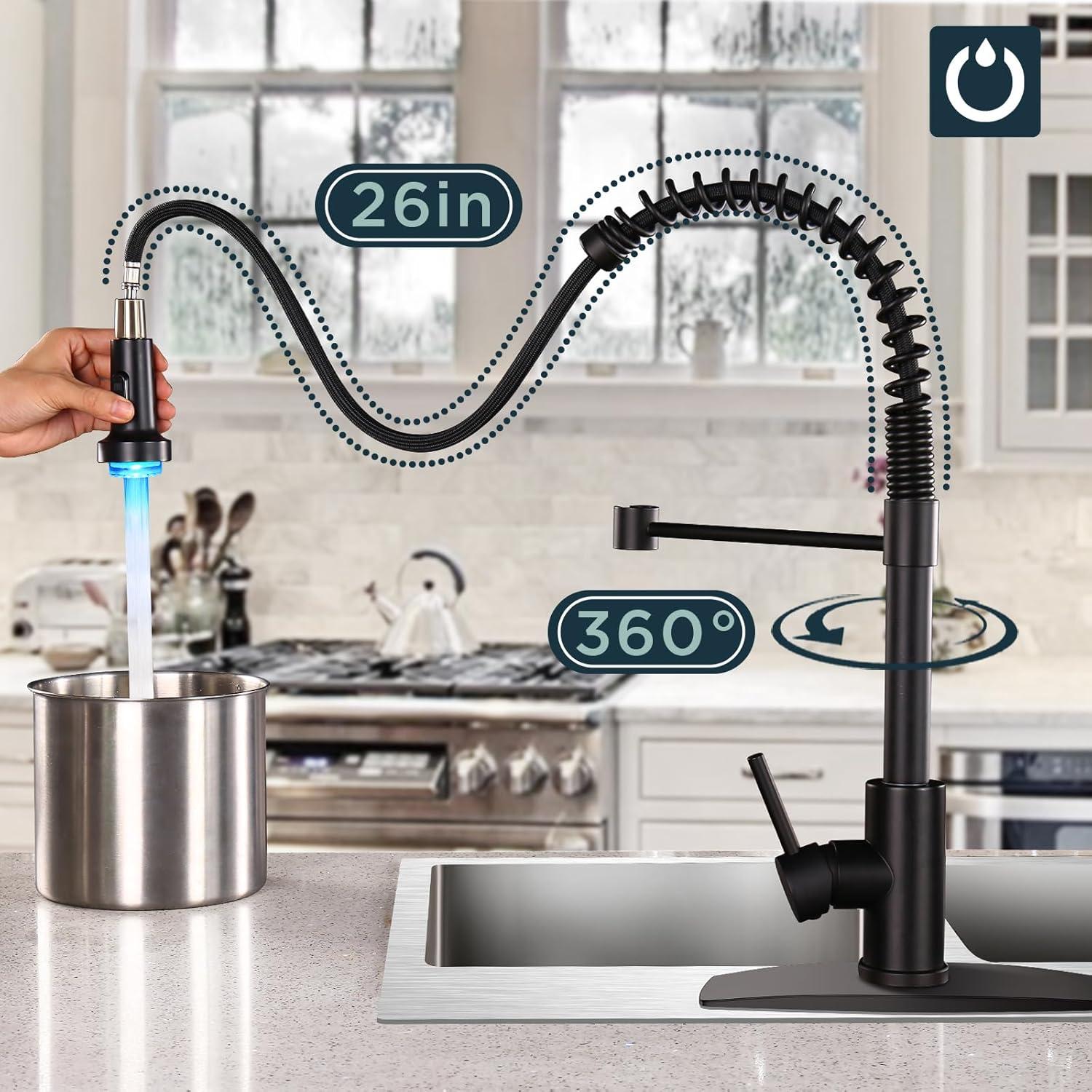 Matte Black LED Kitchen Faucet with Pull Down Sprayer and Soap Dispenser