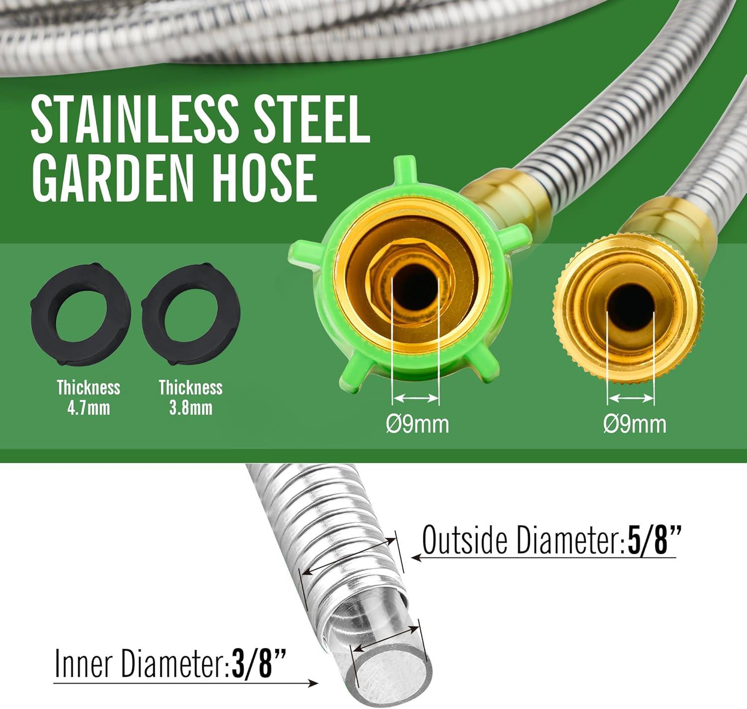 SKYWARD 304 Stainless Steel Garden Hose with Brass Garden Hose Nozzle, Anti-Leakage, Flexible & Lightweight Kink Free Water Hose, Easy to Use & Store (100ft)