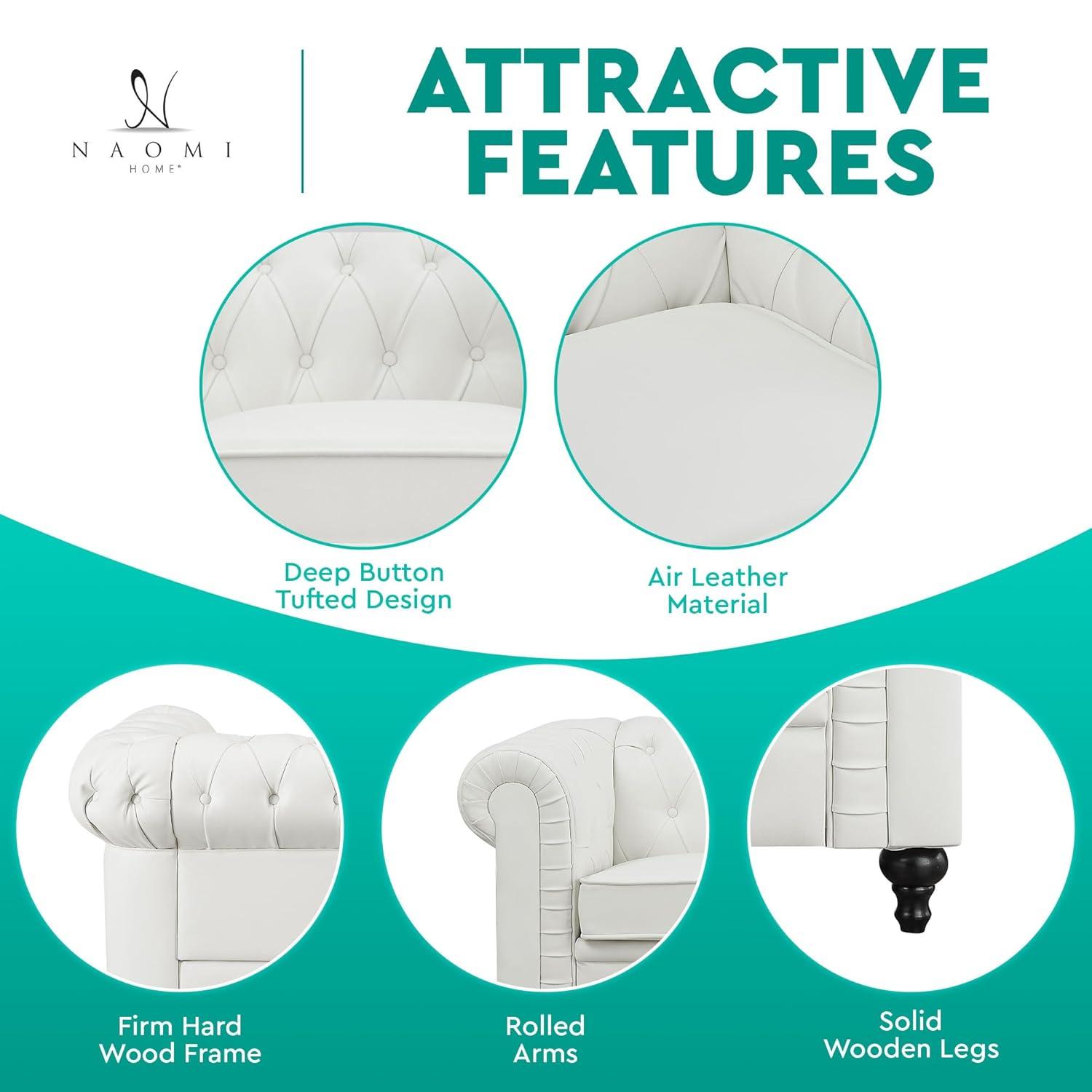 Emery Chesterfield Sofa, Luxurious Comfort for Cozy Living Rooms, Mid-Century Modern couch, Elegance & Serenity, 3-Seater Sofa White,PU