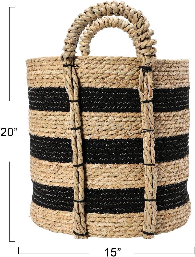 Household Essentials Braided Handle Basket Black/Natural: Large Round Seagrass Decorative Wicker Basket 20.1" Height