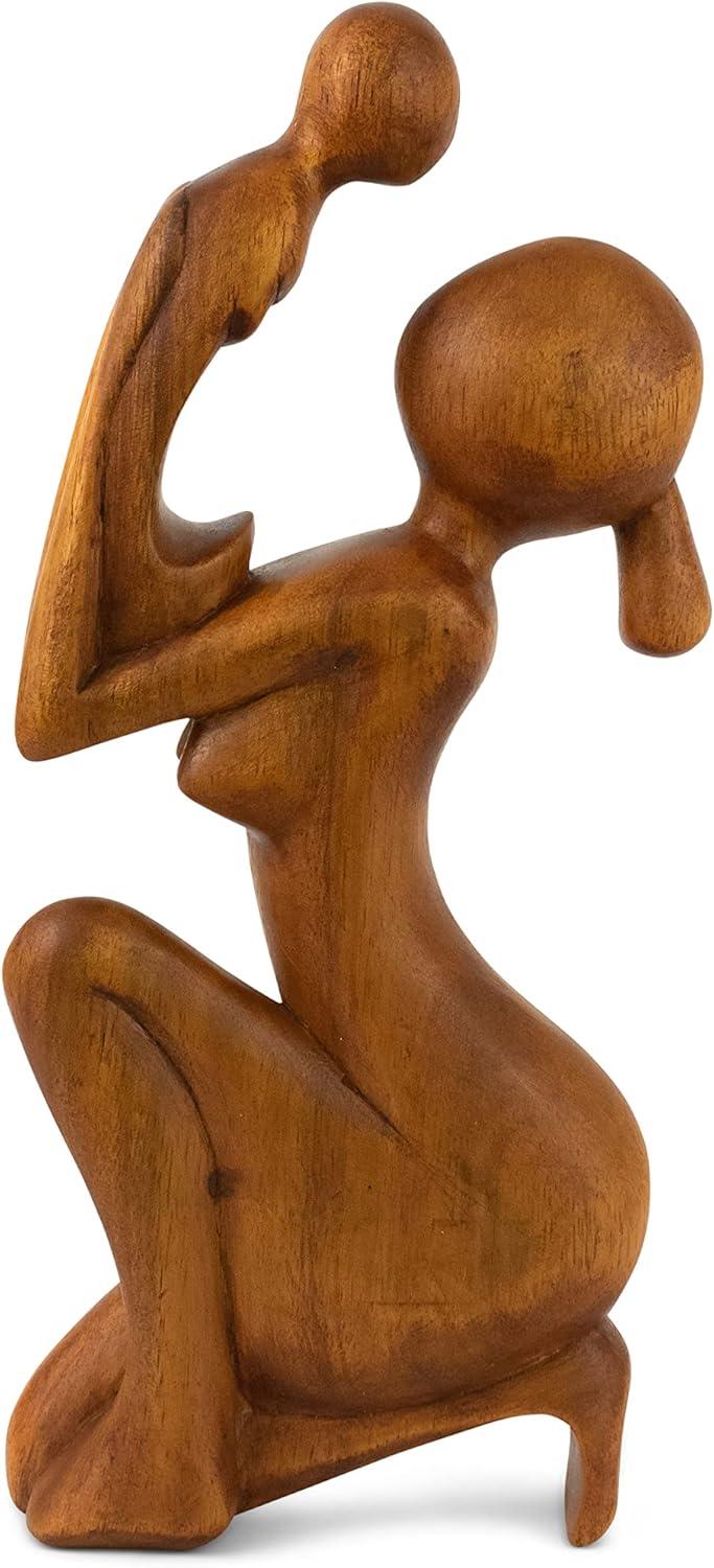 Wooden Handmade Abstract Mother and Child Sculpture Handcrafted Gift Art Decorative Home Decor Figurine Accent Decoration Artwork Hand Carved Mother and Baby Statue