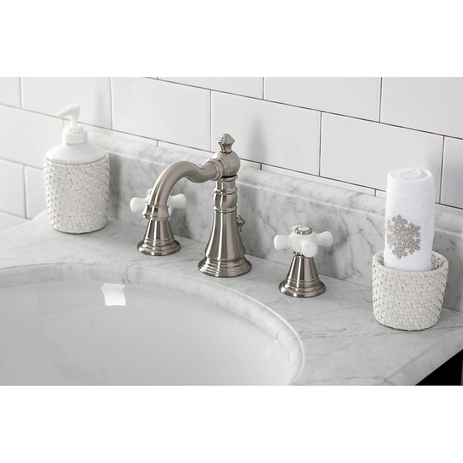 Kingston Brass American Classic Two-Handle 3-Hole Deck Mount Widespread Bathroom Faucet with Pop-Up Drain
