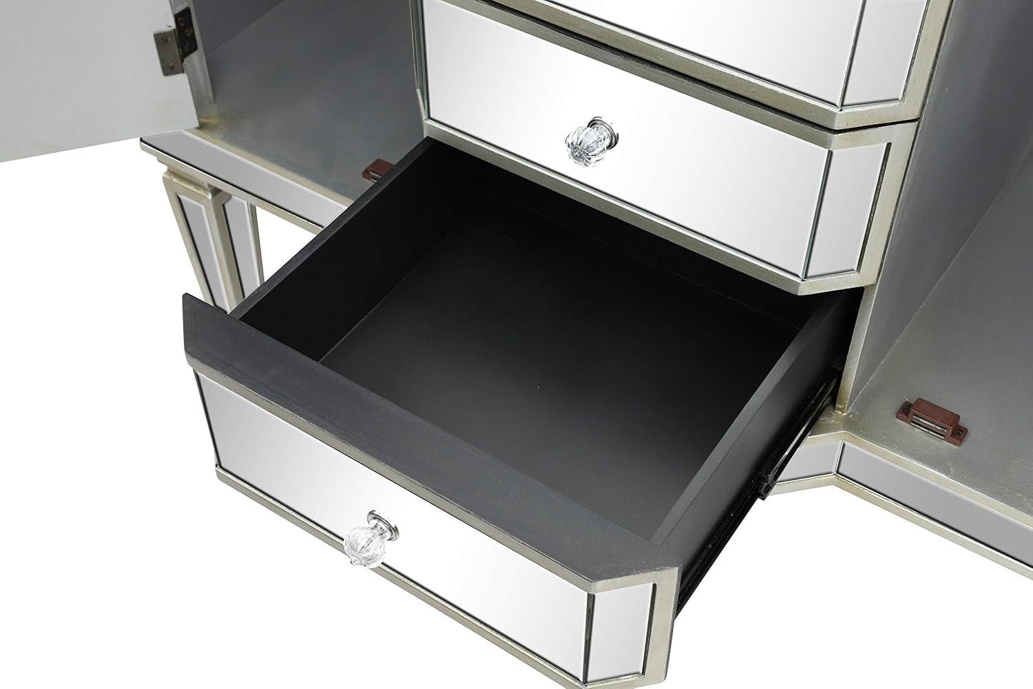 DecMode 39" x 34" Silver Wood Mirrored Panel 4 Drawers 2 Shelves and 2 Doors Buffet with Acrylic Knob Handles, 1-Piece