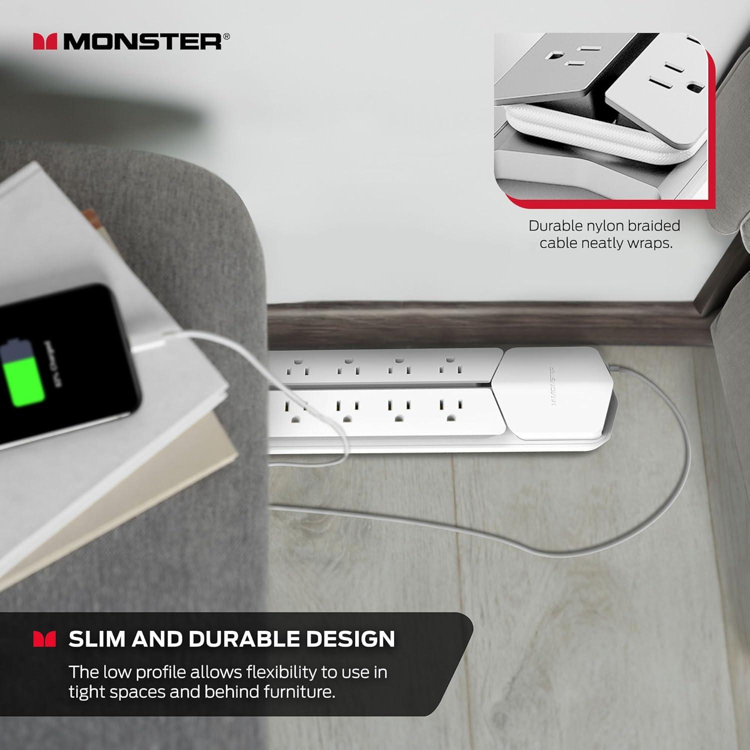 Monster Power Center Vertex XL Surge Protector with 10 AC Outlets, 3-Port USB Hub, & 6 ft Cord (White)
