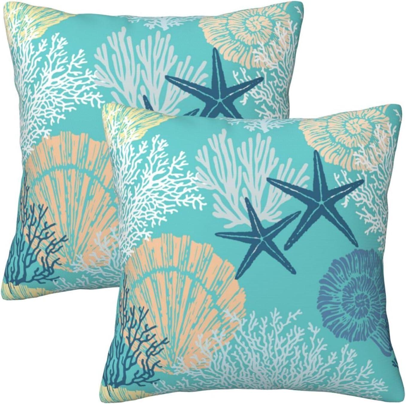 Burnt Orange Summer Outdoor Coastal Pillow Covers 18x18 Inch Set of 2 Fall Coral Seashell Starfish Throw Pillows Ocean Themed Beach Nautical Decorative Cushion Cases for Couch Decorations