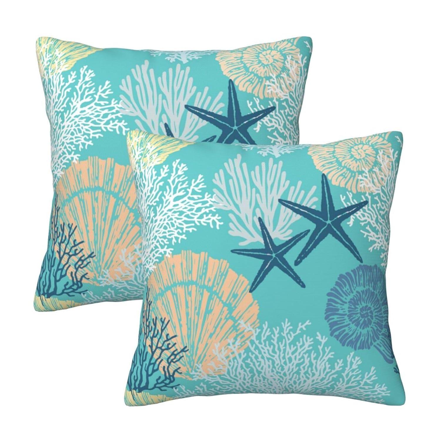 Burnt Orange Summer Outdoor Coastal Pillow Covers 18x18 Inch Set of 2 Fall Coral Seashell Starfish Throw Pillows Ocean Themed Beach Nautical Decorative Cushion Cases for Couch Decorations
