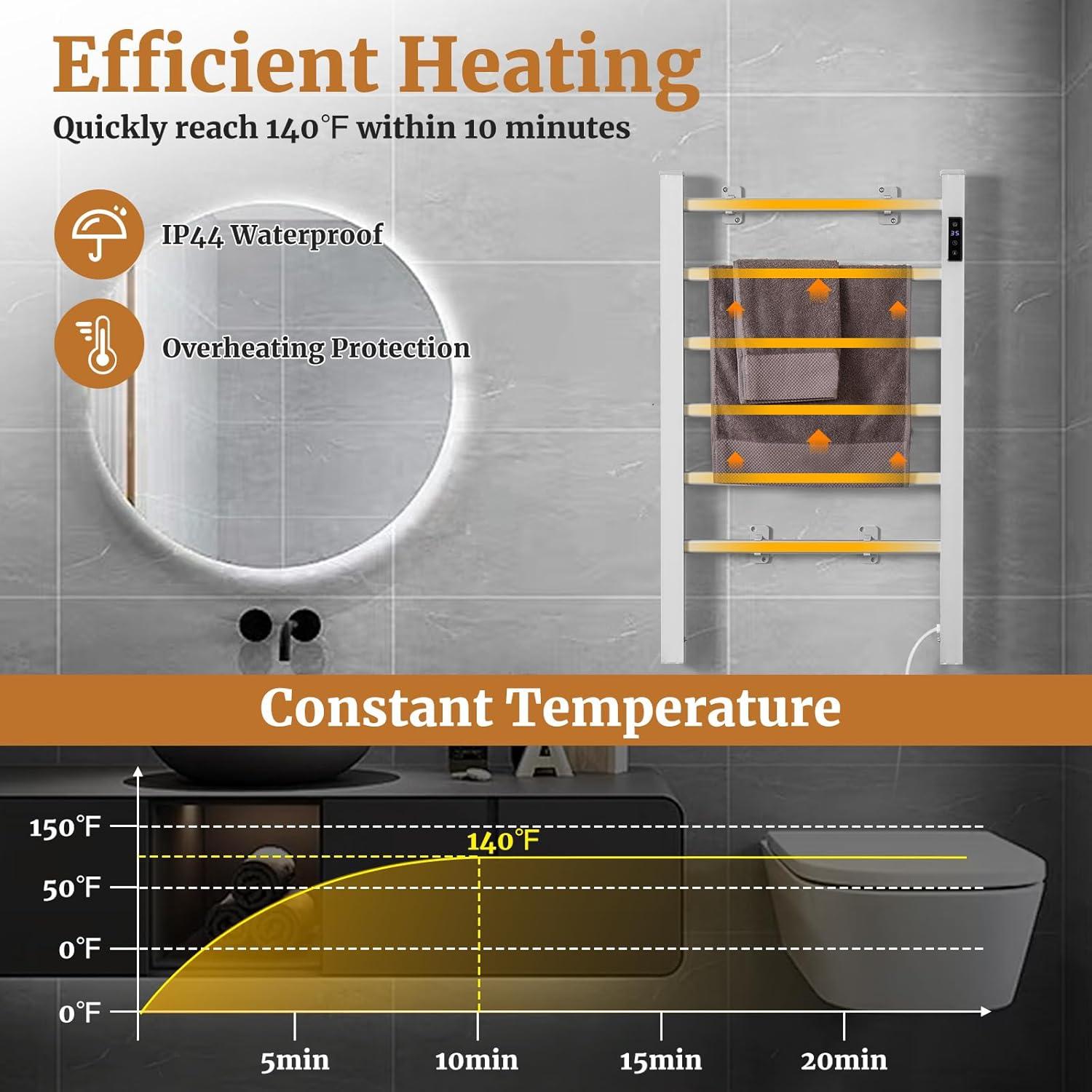 Costway Freestanding Wall Mounted Towel Warmer 6-Bar Aluminum Heated Towel Rack w/ Timer