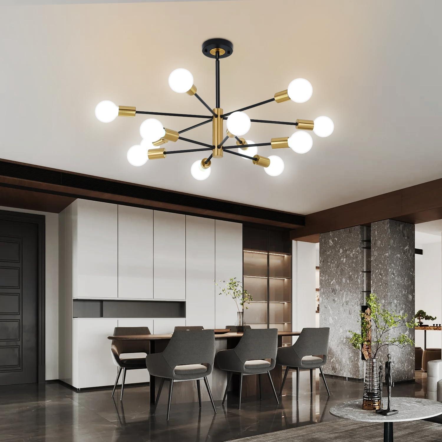 Kaisite  12-Light Modern Sputnik Chandeliers Black & Gold Ceiling Light Fixtures for Dining Room Living Room Bedroom