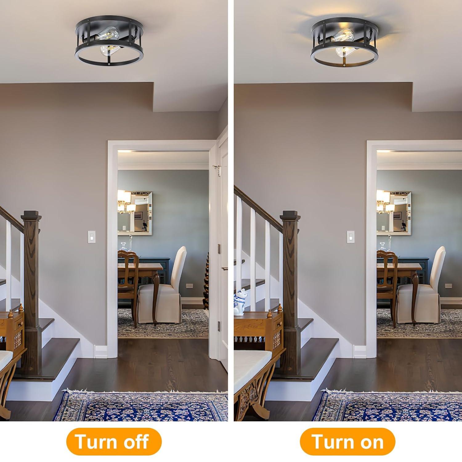 2-Light Industrial Flush Mount Ceiling Light Fixture,Black Farmhouse Ceiling Light Fixture,Modern Flush Mount Light Fixture for Kitchen Bedroom Living Room Hallway 2 Pack