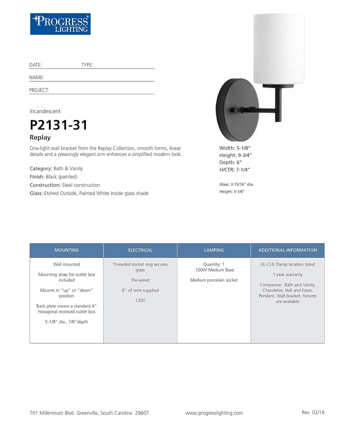 Progress Lighting Replay 1-Light Bath & Vanity, Brushed Nickel, Porcelain, Up/Down Mounting, Shade Included