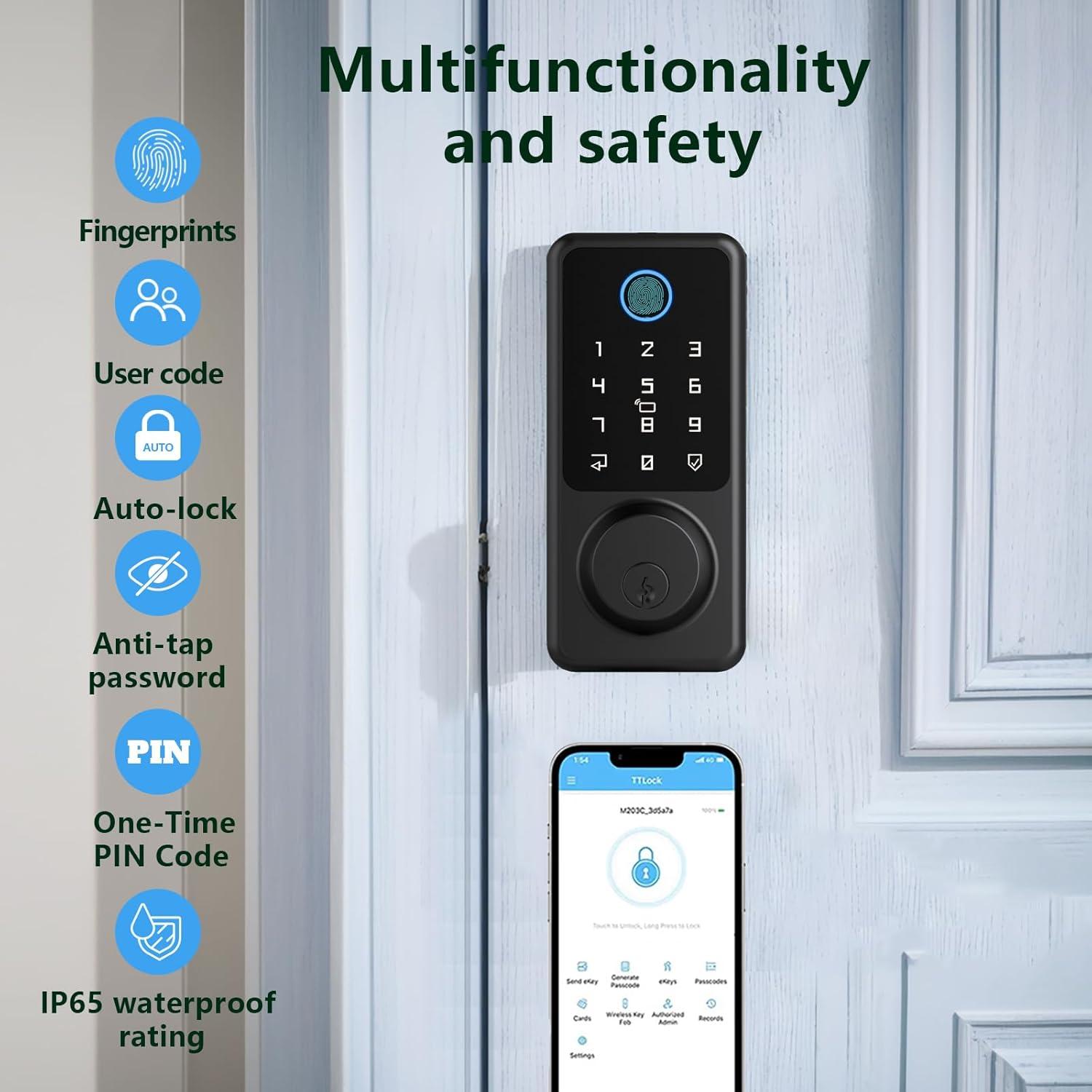 Smart Lock, Fingerprint Door Lock, Electronic Door Lock, Touchscreen Keypad Deadbolt, Black