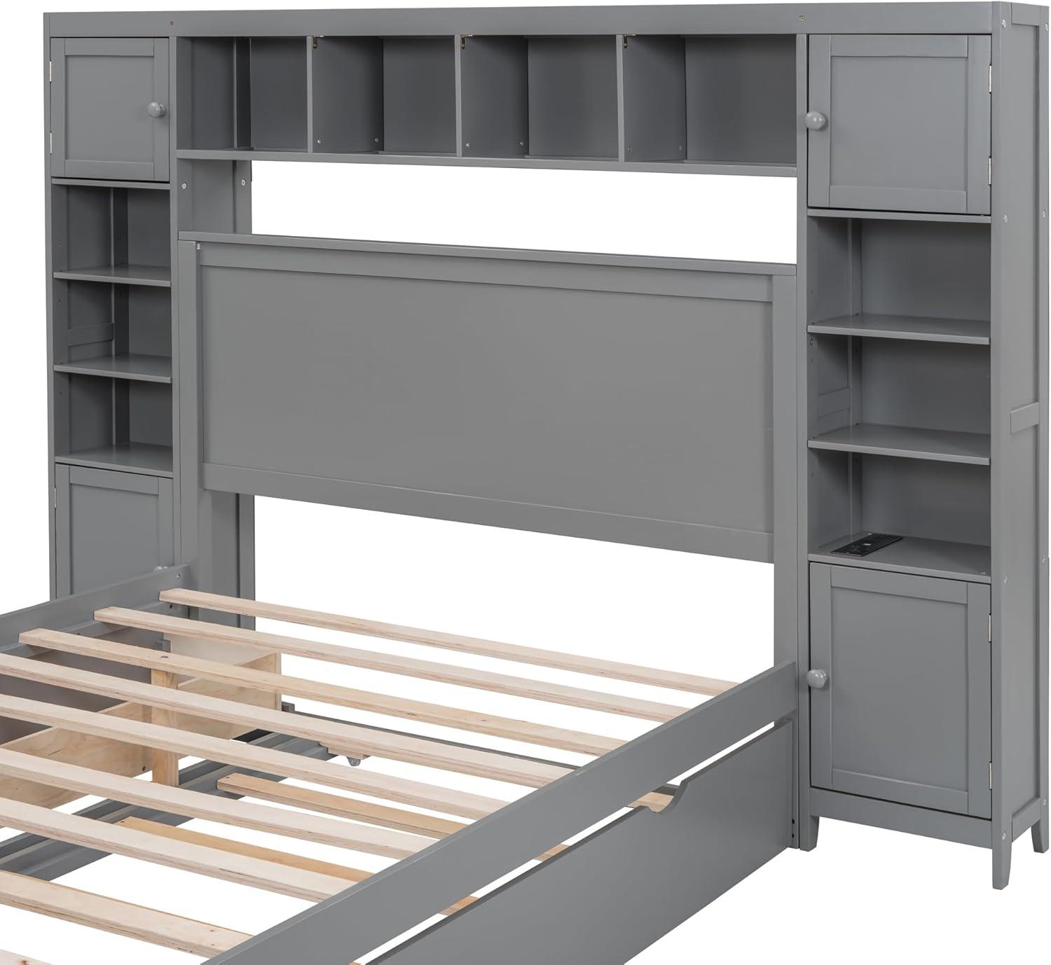 MODERNLUXE Queen Size Bed Frame with Trundle,Solid Wood Platform Bed with 10 Shelves,2 Storage Drawers,4 Cabinets,Charging Station and Bookcase Headboard,No Box Spring Needed/Noise Free,Gray