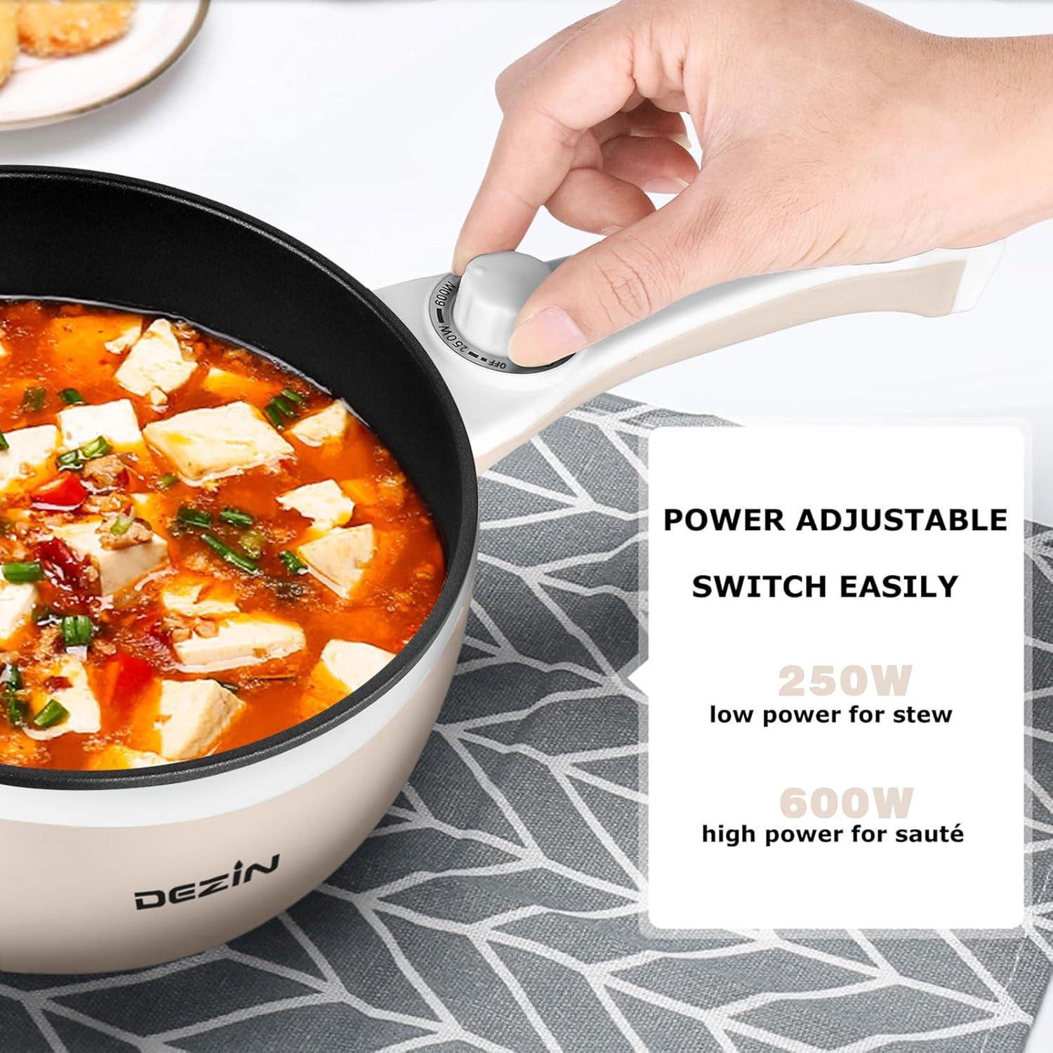 Dezin Electric Hot Pot Upgraded, Non-Stick Sauté Pan, Rapid Noodles Cooker, 1.5L Mini Pot for Steak, Egg, Fried Rice, Ramen, Oatmeal, Soup with Temperature Control, Beige (Egg Rack Included)