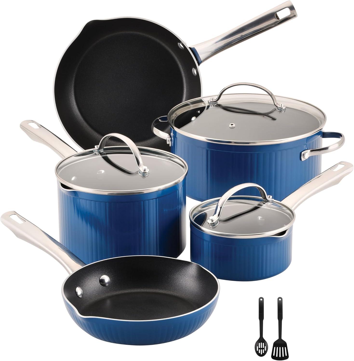 Blue Aluminum Nonstick 10-Piece Cookware Set with Utensils