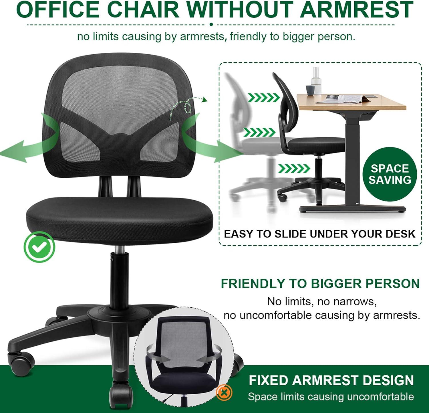 KOLLIEE Armless Office Chair Mesh Ergonomic Small Desk Chair Armless Adjustable Swivel Black Computer Task Chair No Armrest Mid Back Home Office Chair for Small Spaces