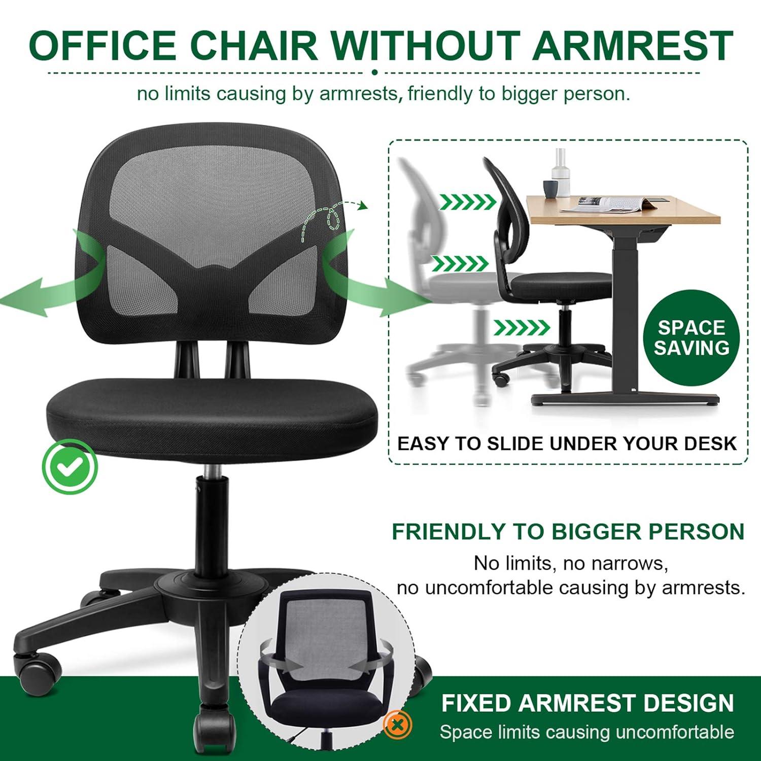 KOLLIEE Armless Office Chair Mesh Ergonomic Small Desk Chair Armless Adjustable Swivel Black Computer Task Chair No Armrest Mid Back Home Office Chair for Small Spaces