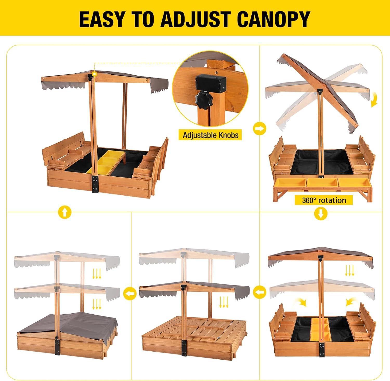 Large Wooden Sandbox with Adjustable Canopy and Toy Bin Storage