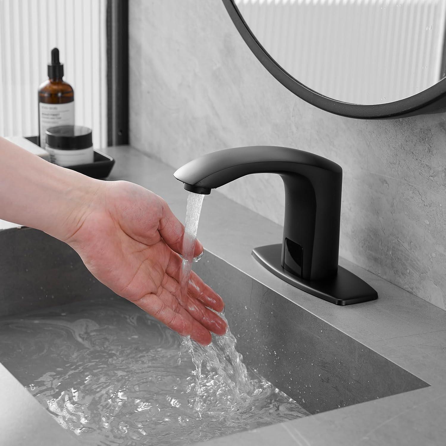 Touchless Bathroom Faucet, Commercial Hands-Free Automatic Sensor Faucet, AC/DC Powered Sink Faucet, Temperature Adjustment Valve, Black