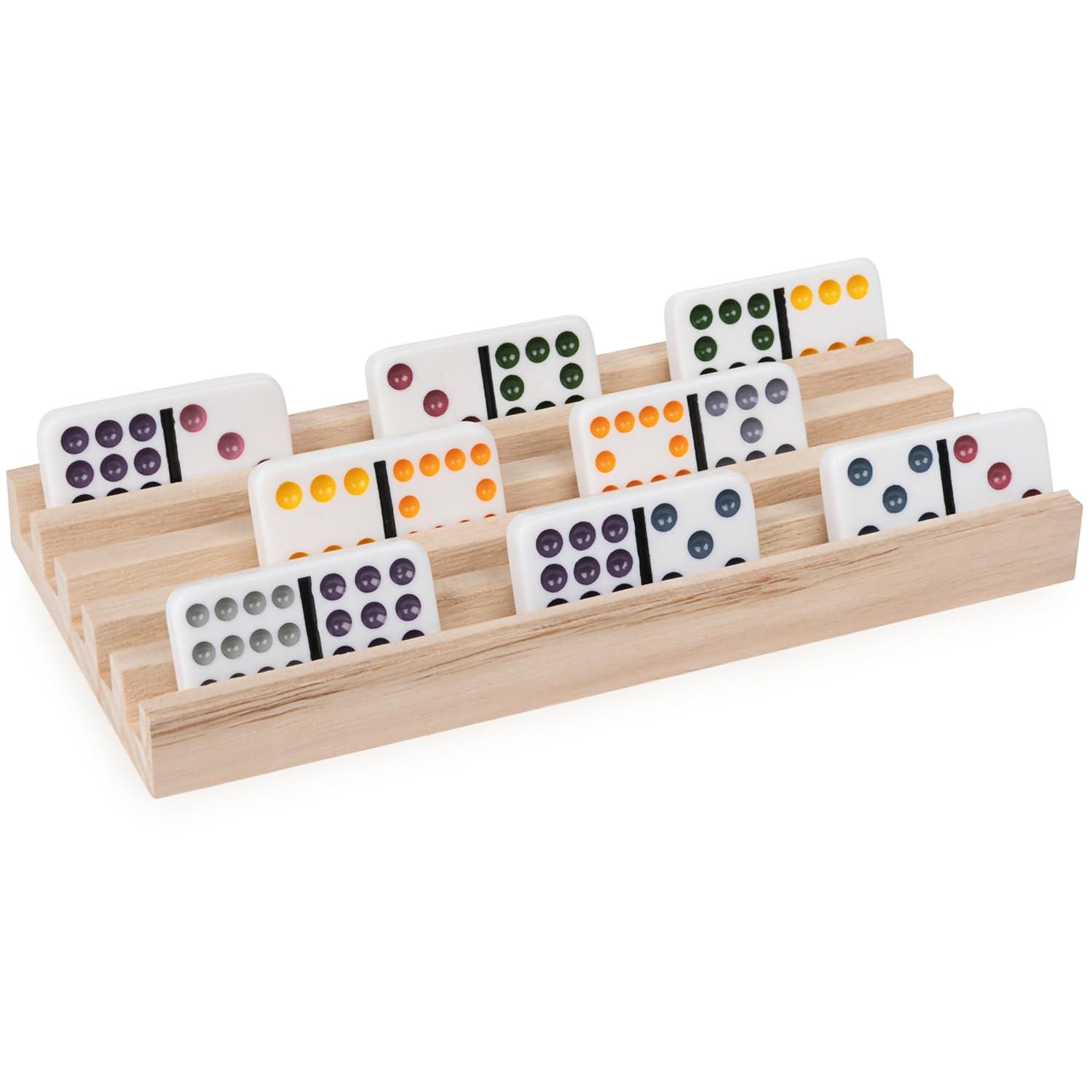 Wood Domino Racks, Set of 4 Trays for Mexican Train and other Dominoes Games, for Families and Kids Ages 8 and up