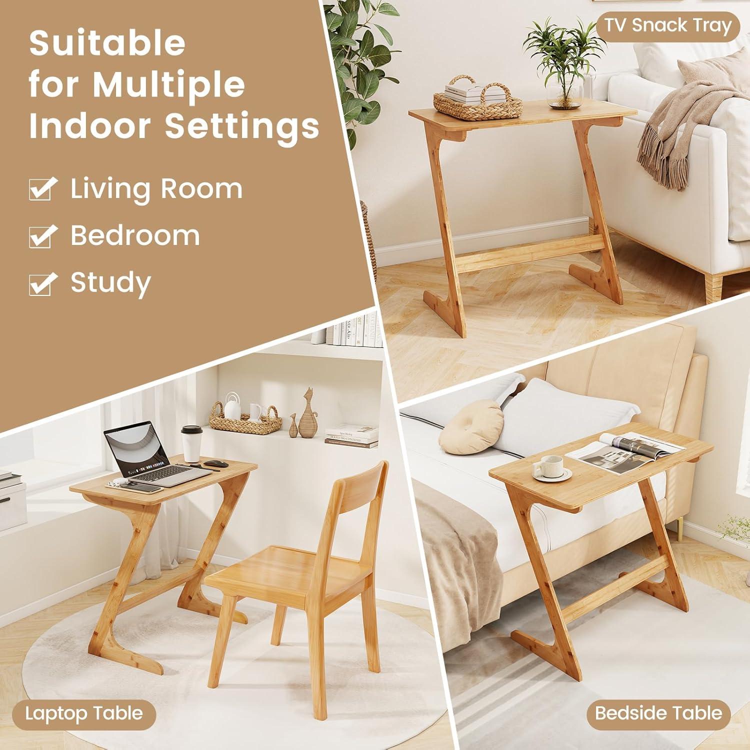 Costway 2 PCS Bamboo Sofa Side Table Z-Shaped Spacious Tabletop Space-Saving TV Snack Tray Natural