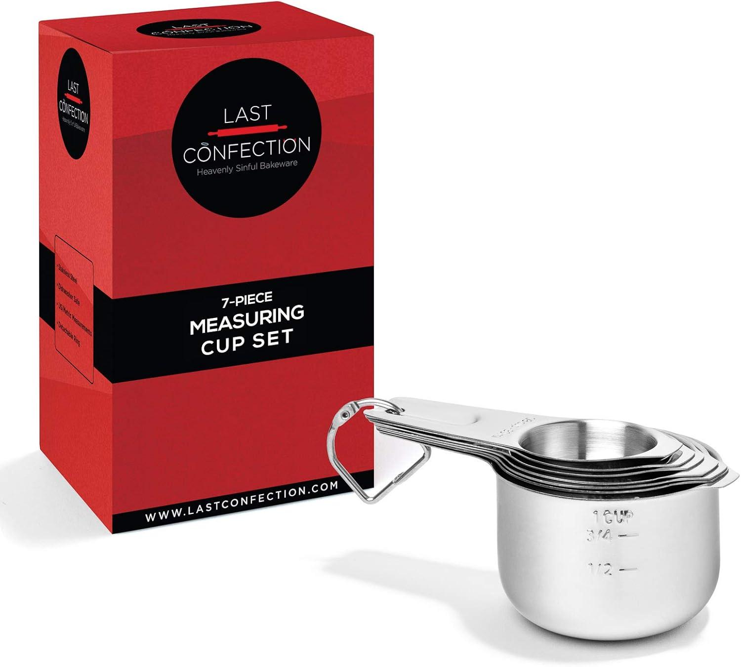 Last Confection 7-Piece Stainless Steel Measuring Cup Set - Includes 1/8 Cup Coffee Scoop - Measurements for Spices, Cooking & Baking Ingredients