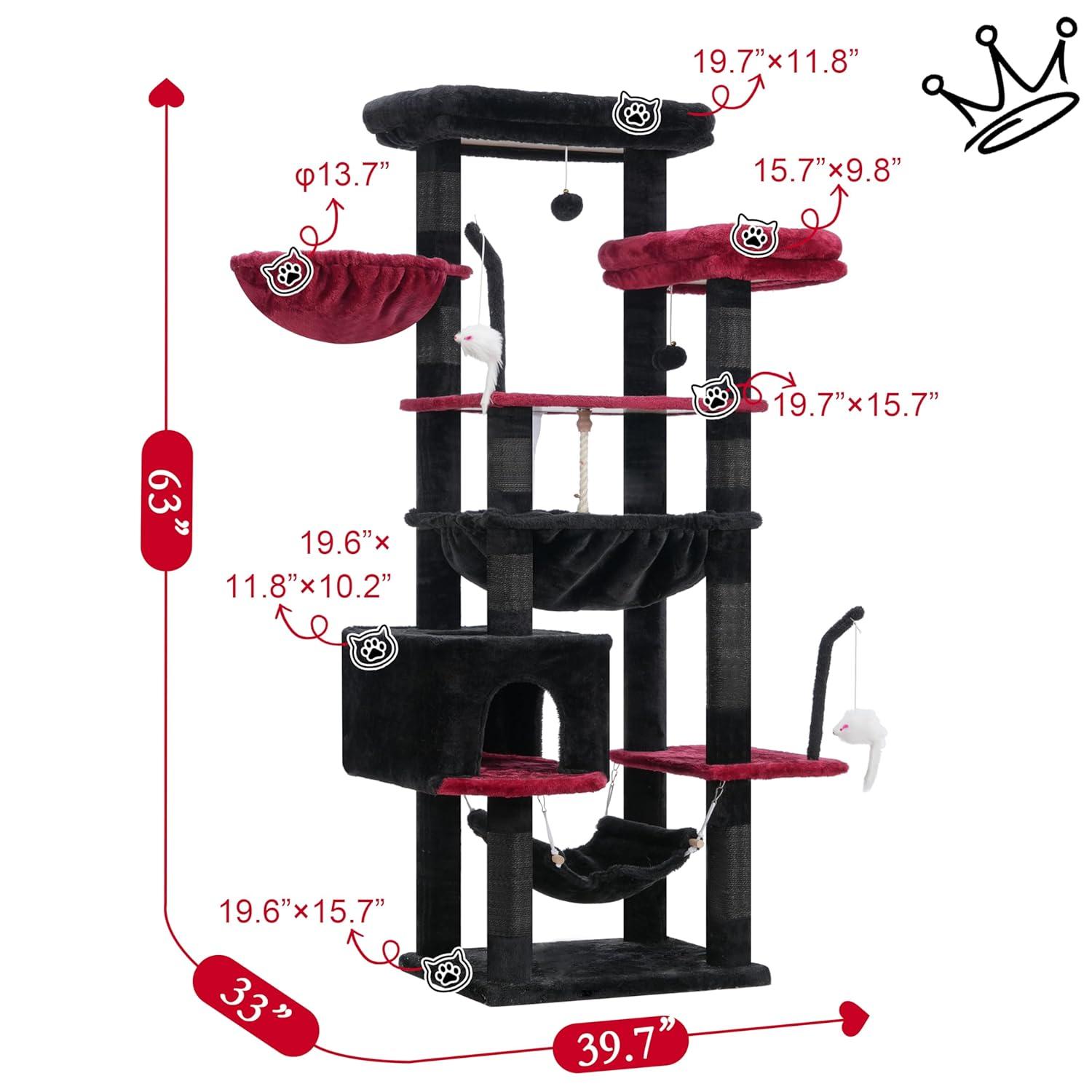 Tucker Murphy Pet™ 63" Cat Tree For Large Breeds - Spacious Platforms, Hammock, Sisal Scratching Posts & Cat Condo, Indoor Use