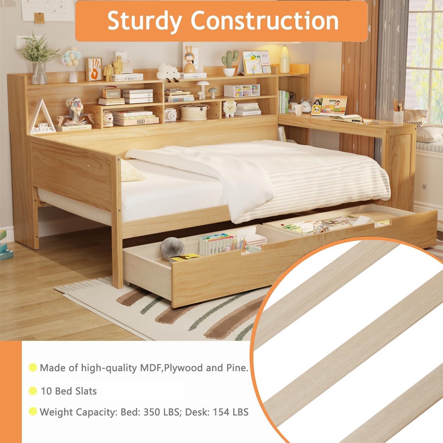 Wooden Daybed with Storage Shelves, Multi-functional Bed with Two Storage Drawers and Study Desk Natural - Full