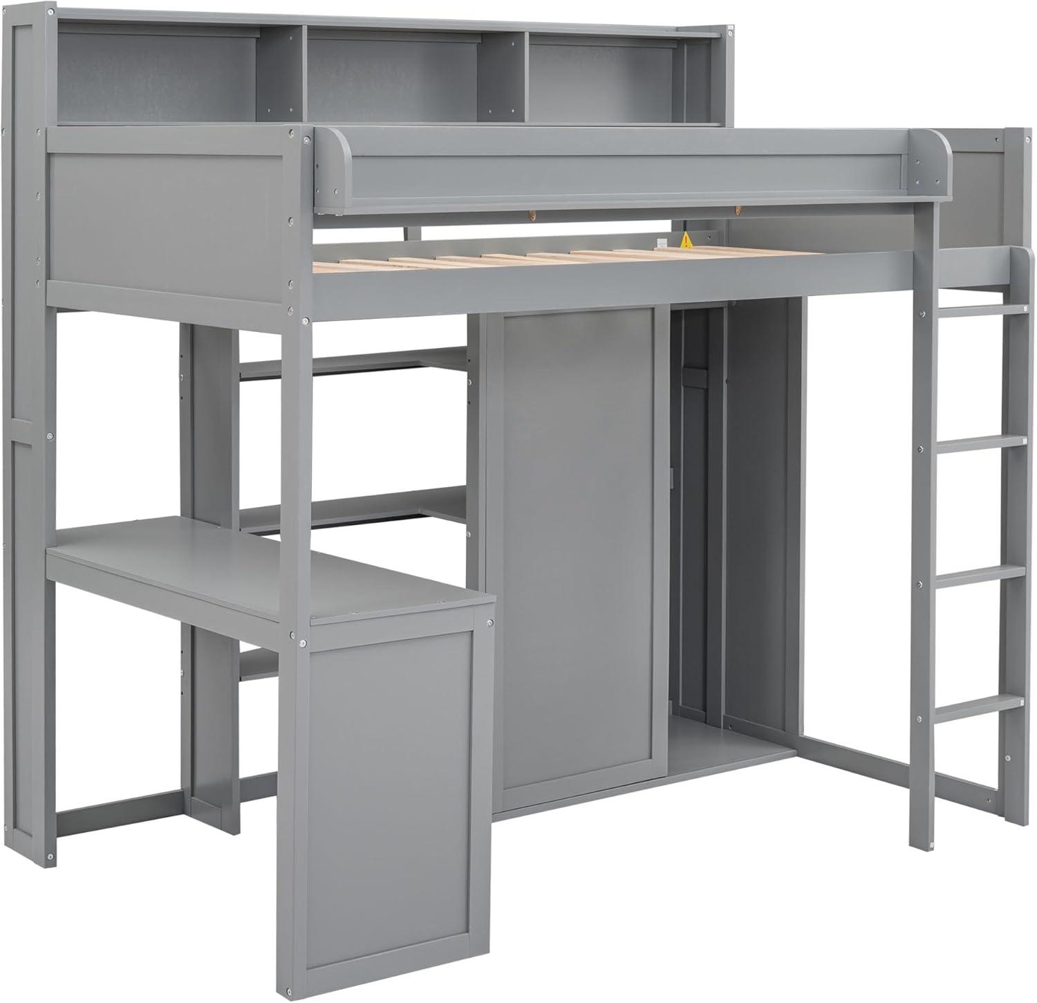 Bellemave Twin Size Loft Bed with Wardrobes and Desk, Wood Loft Beds Frame with Storage Shelves and Cabinet, High Loft Bed for Kids Teens Adults (Gray)
