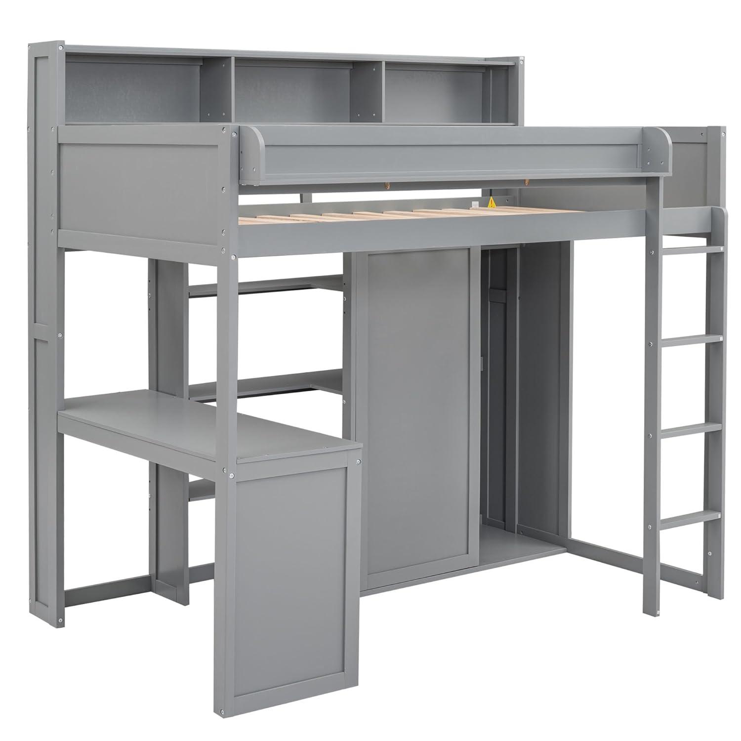 Bellemave Twin Size Loft Bed with Wardrobes and Desk, Wood Loft Beds Frame with Storage Shelves and Cabinet, High Loft Bed for Kids Teens Adults (Gray)