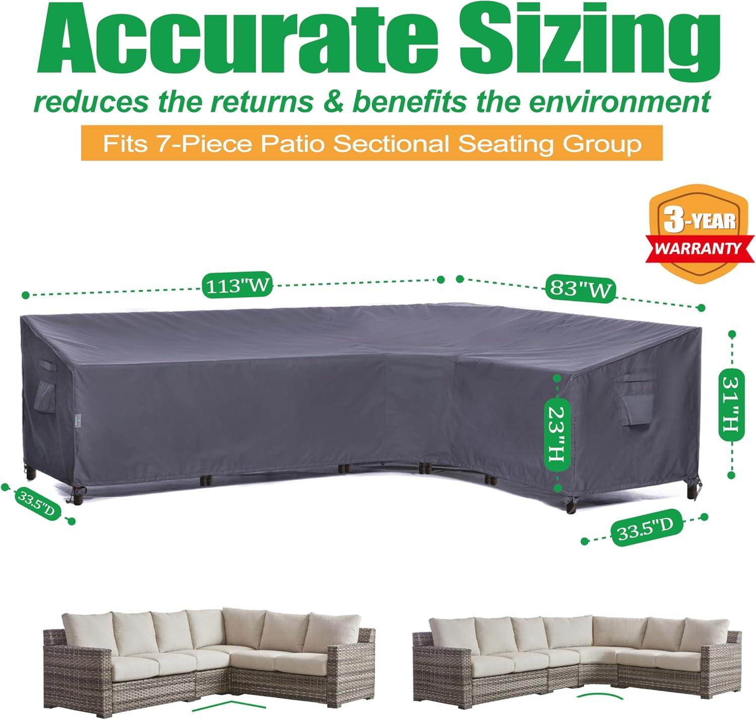 F&J Outdoors Premium Waterproof Outdoor Patio V-Shaped Sectional Sofa Cover: Latest Rip-Stop Fabric, 3-Year Warranty - (113" Left + 83" Right) W x 33.5" D x 31" H