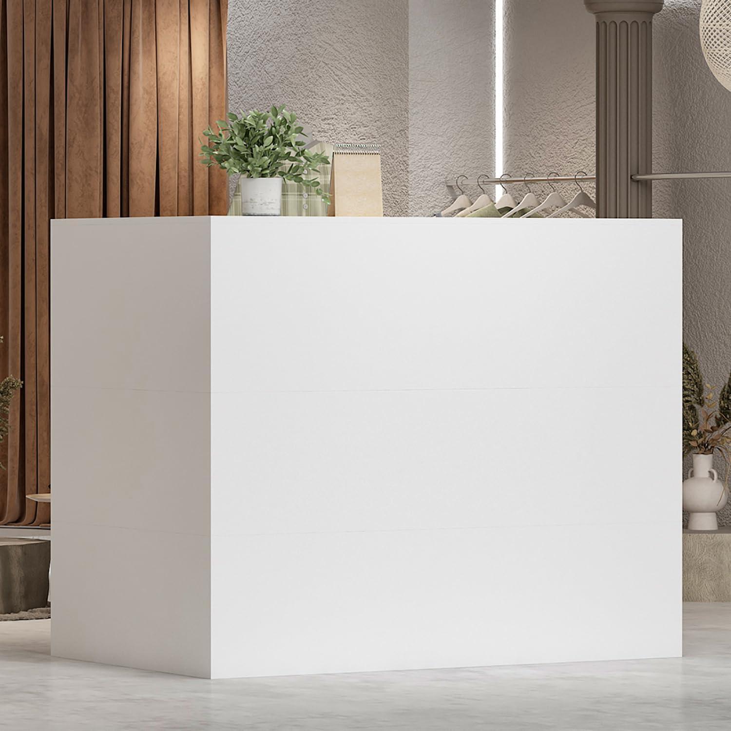 White Modern Reception Desk with Lockable Drawer and Shelves