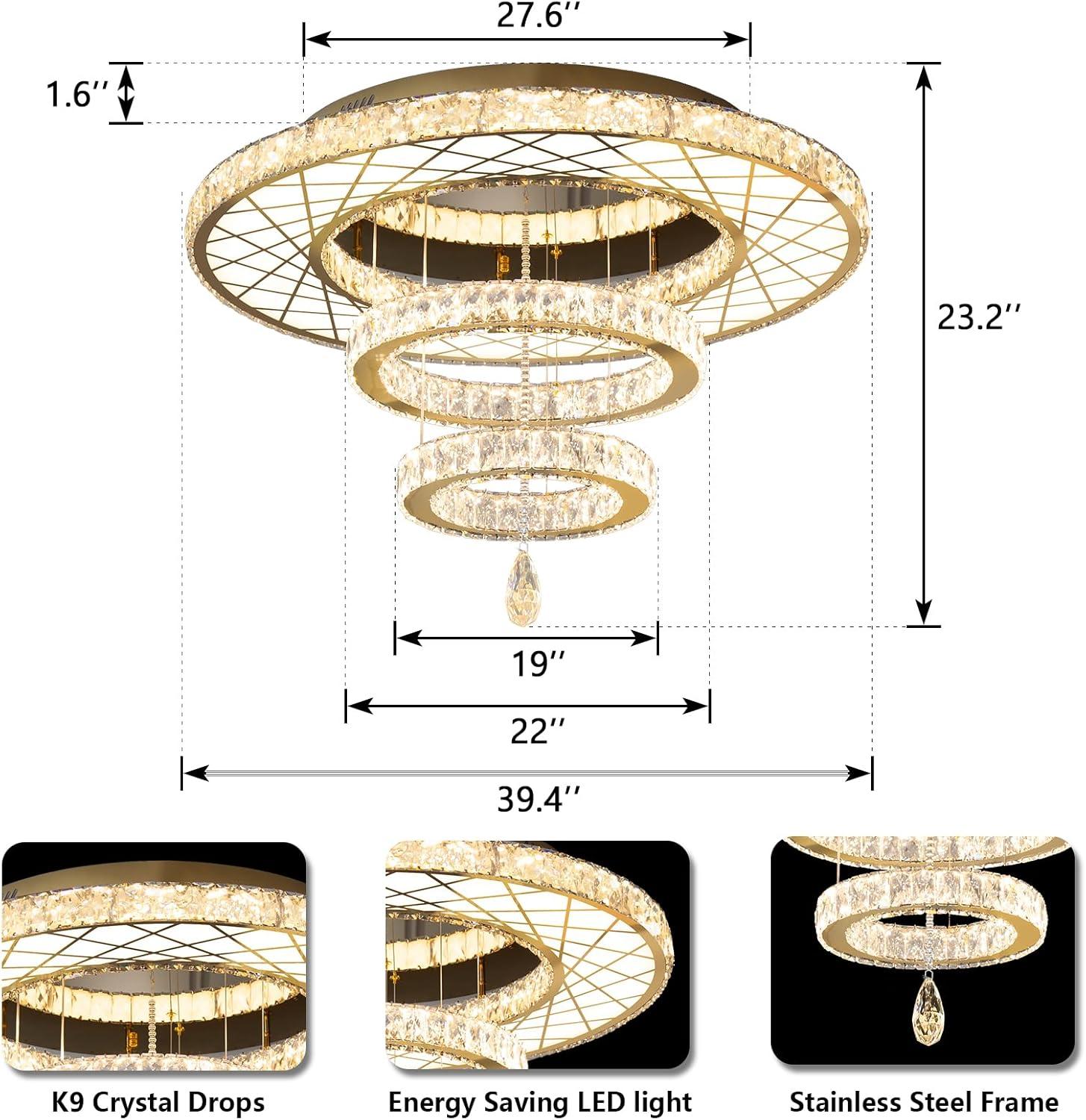 Crystal Large Glam Chandelier Flush Mount 40” Dimmable