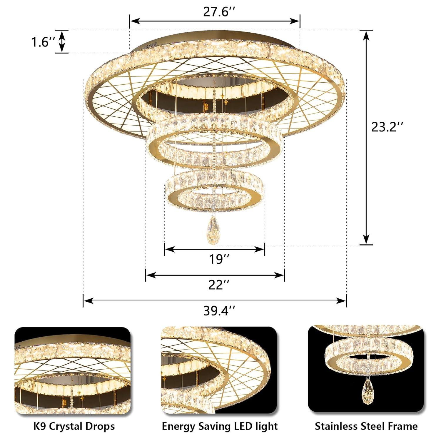 Crystal Large Glam Chandelier Flush Mount 40” Dimmable