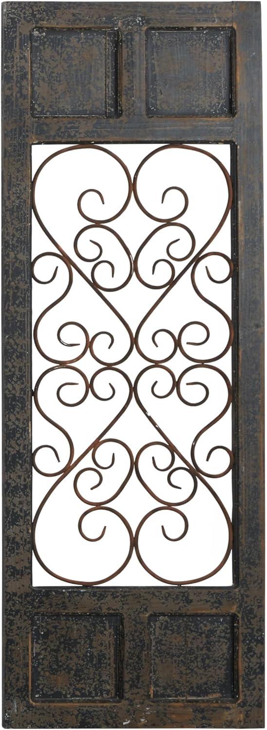 Olivia & May Traditional Wood Scroll Window Inspired Wall Decor with Metal Scrollwork Relief Brown: Vertical Iron Frame, Carved Art Object