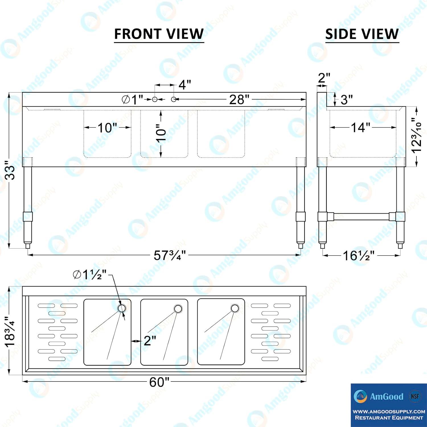 Stainless Steel 60" 3-Compartment Under Bar Sink with Drainboards