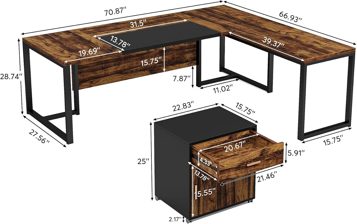 71'' Corner Desk with File Cabinet, Large L Shaped Desk with Mobile Filing Cabinet for Home Office