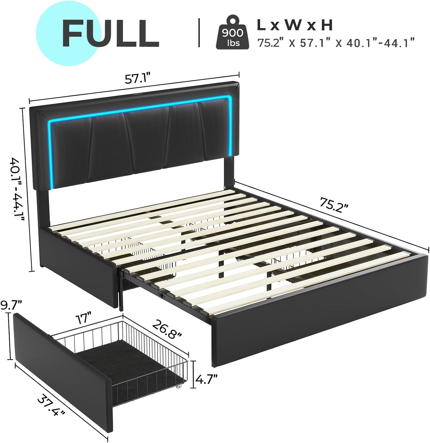 Full Size Led Bed Frame with Charging Station&LED Lights Modern Faux Leather Upholstered Platform Bed Frame with Adjustable Headboard&4 Storage Drawers, Black