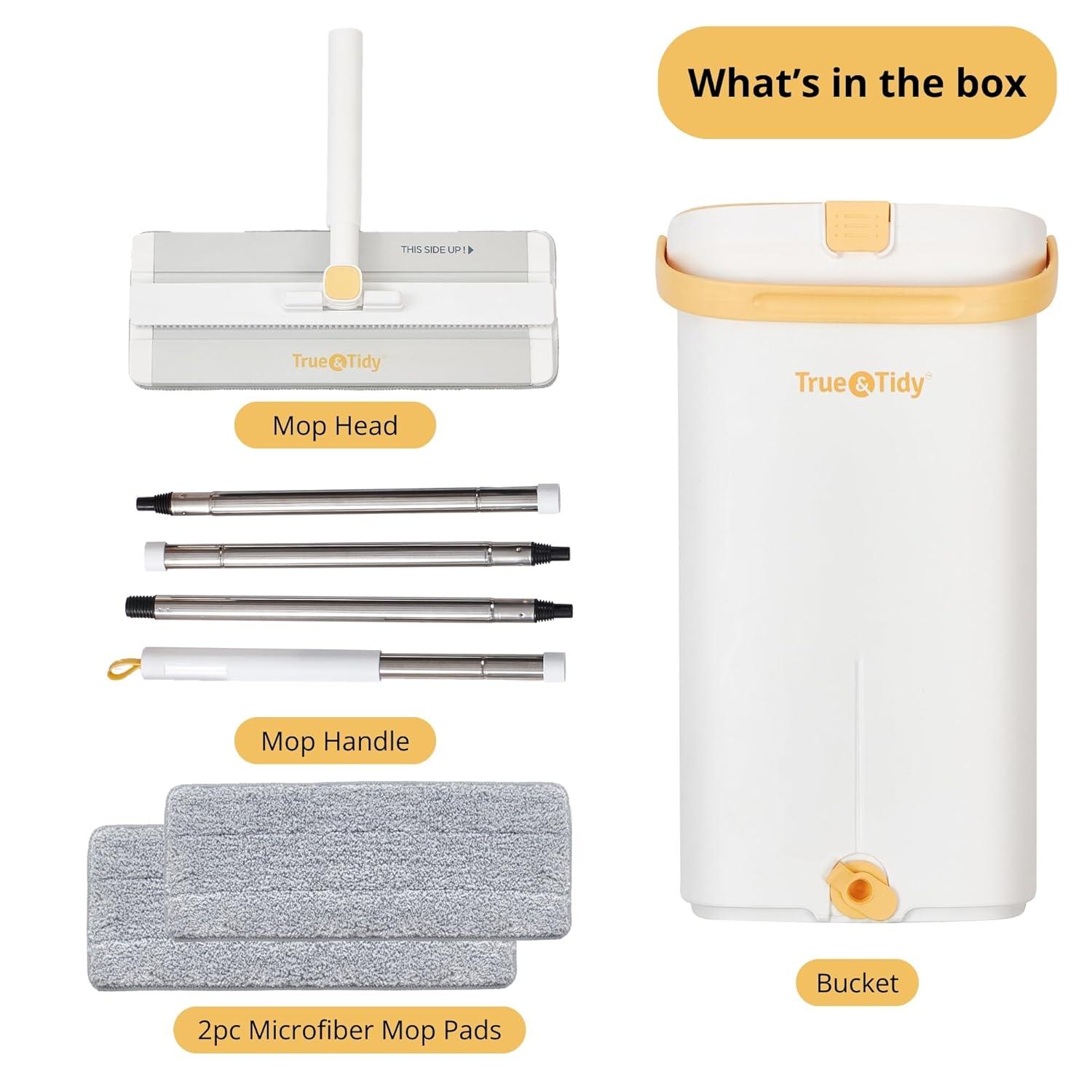 True & Tidy® TrueClean Mop & Bucket Spin Mop Pump System, Patent Pending 3 Compartments Separate Clean & Dirty Water, Hands-Free Self-Wringing Aluminum Head, Machine Washable Pads, in Gift Box