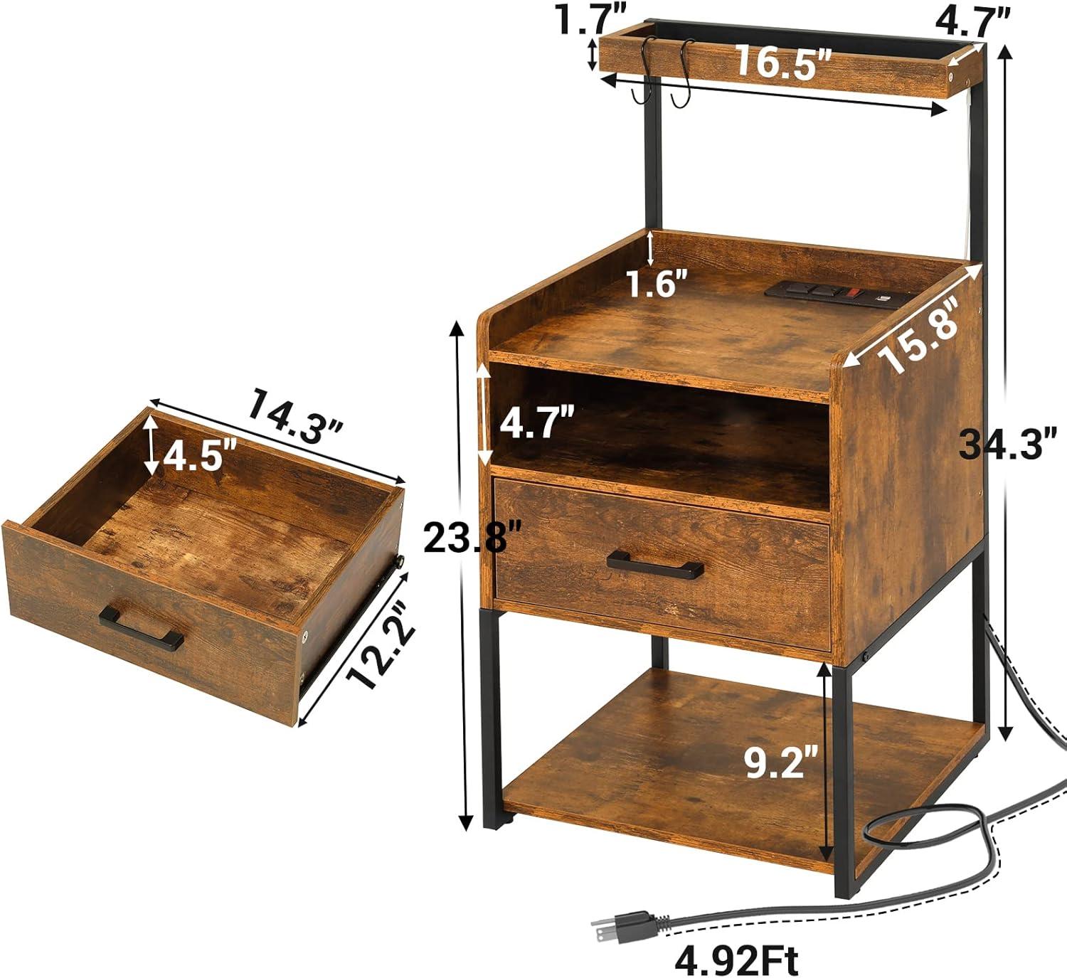 Brown LED Night Stand with Charging Station, Modern Bedside Table for Bedroom