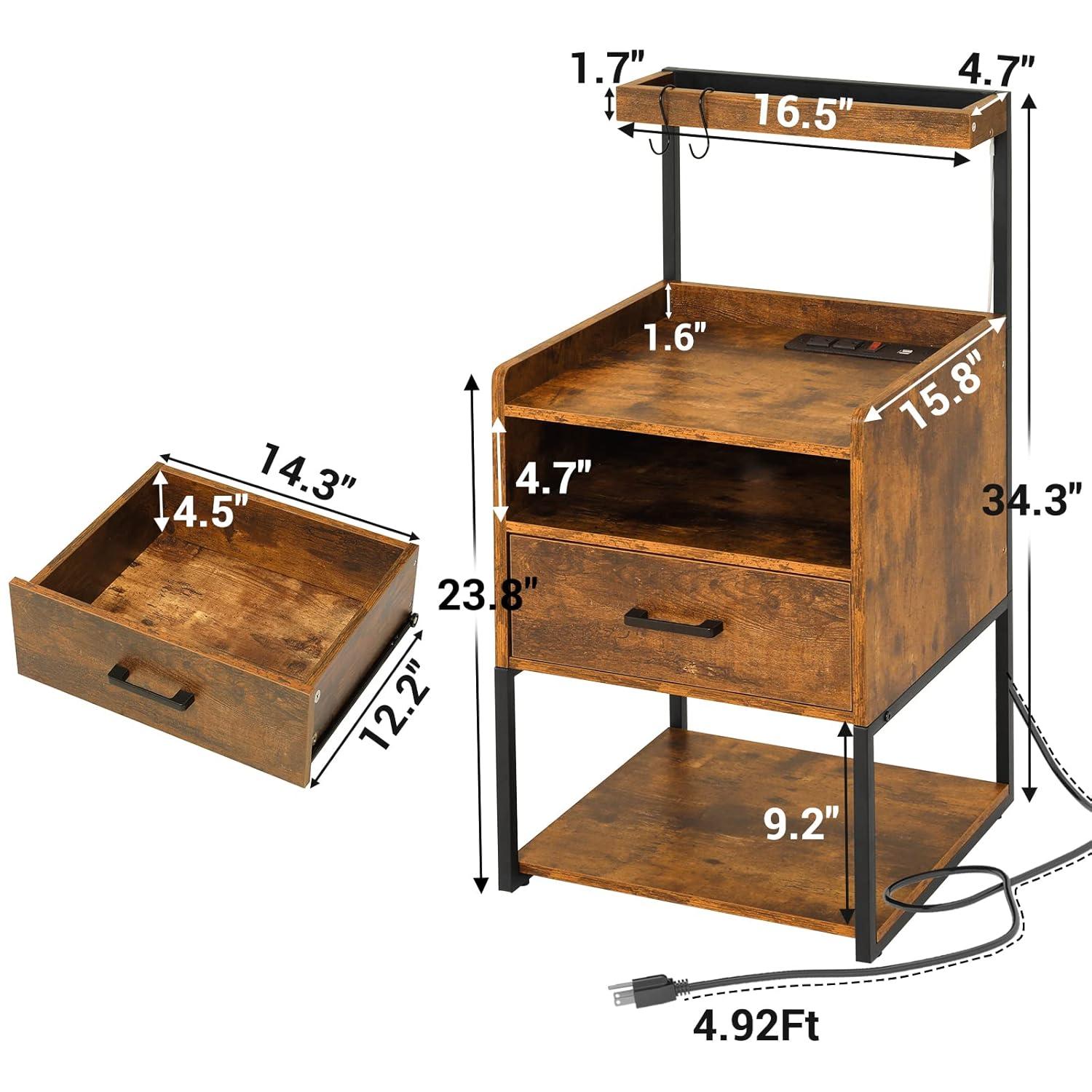 Brown LED Night Stand with Charging Station, Modern Bedside Table for Bedroom
