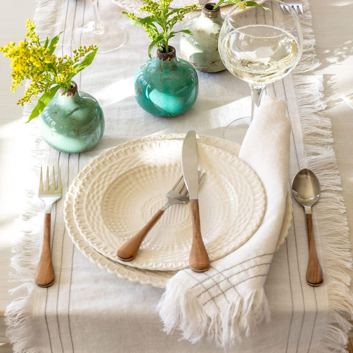 Fringed White Linen and Cotton Table Runner